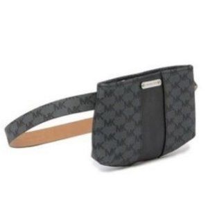 NWT Michael Kors Black Faux Leather & Gray Canvas Signature Waist Fanny Pack
